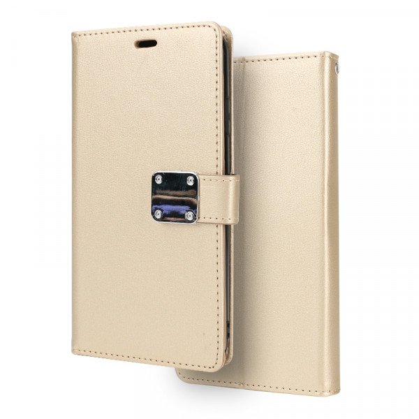 Wholesale iPhone Xr 6.1in Multi Pockets Folio Flip Leather Wallet Case with Strap (Gold)